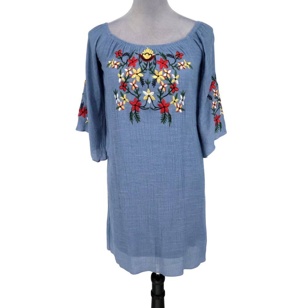 J Gee Dress Petites PM MP Blue Gauze Embroidered Floral Lined Short Pullover